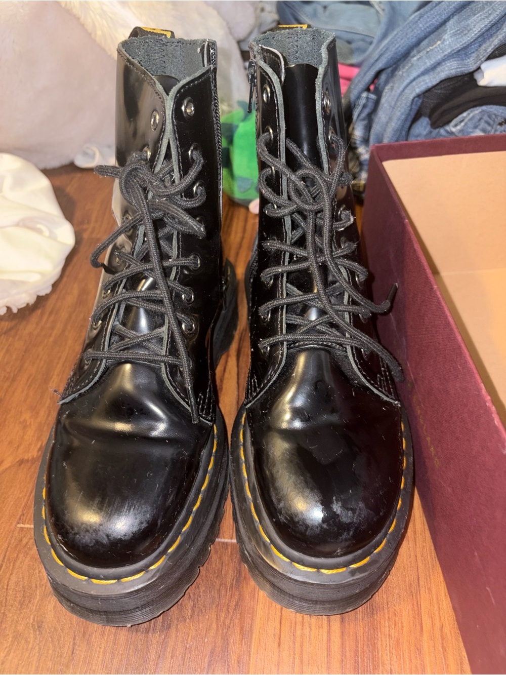 Dr. Martens Black Patent Lace-Up Platform Boots with Yellow Stitching